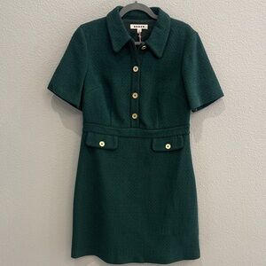 Boden Short-Sleeve Textured Dark Green Collared Dress with Gold Buttons